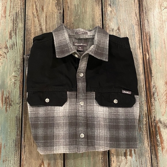 Eddie Bauer Flannel Canvas Shirt Long Sleeve Gray Plaid Mens Sz Large Outdoors - Picture 1 of 7